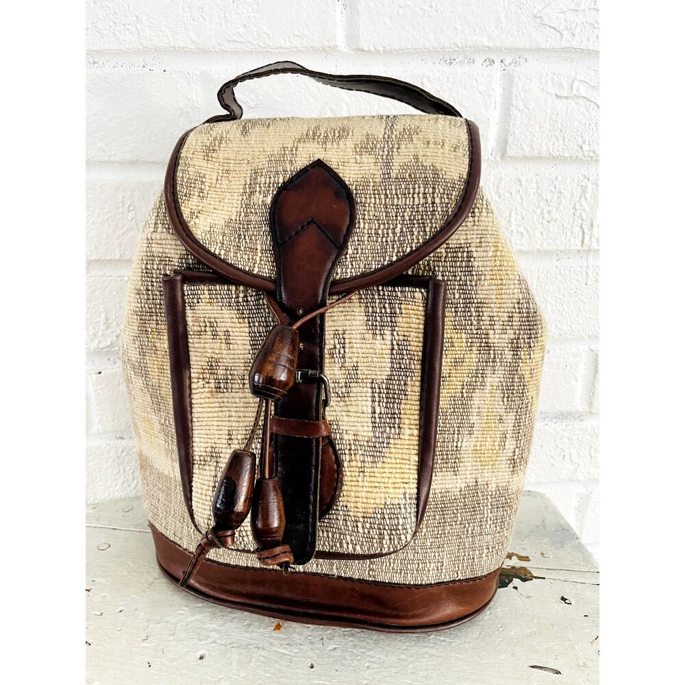 Handmade Woven Textile & Leather Backpack Bag Indonesia Boho Ethnic